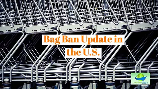 Grocery store shopping carts as background for caption: Bag ban update in the US