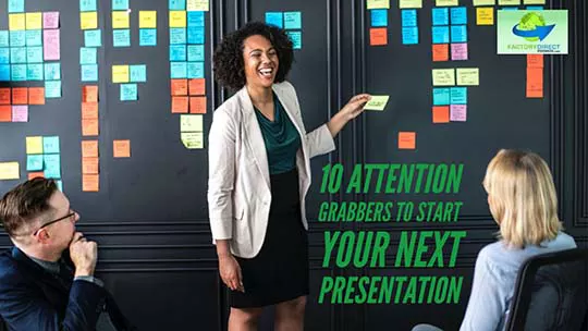 African-American woman giving a presentation with caption: 10 Attention Grabbers to Help You Crush Your Next Presentation
