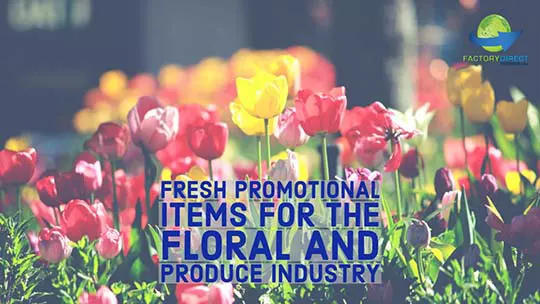 Floral garden of tulips background with caption brush promotional items for floral and produce industry