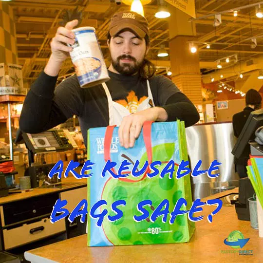 Cashier putting groceries in reusable bag with caption: Are Reusable Bags Safe?