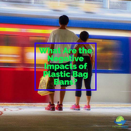 2 people standing on the platform watching speeding train go by holding shopping bag with caption: What Are the Negative Impacts of Plastic Bag Bans?