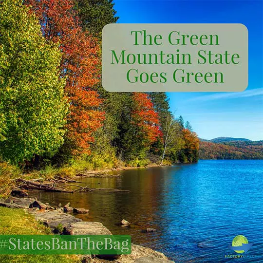 Autumn scene of lakeside in Vermont with marketing message: The green mountain state goes green