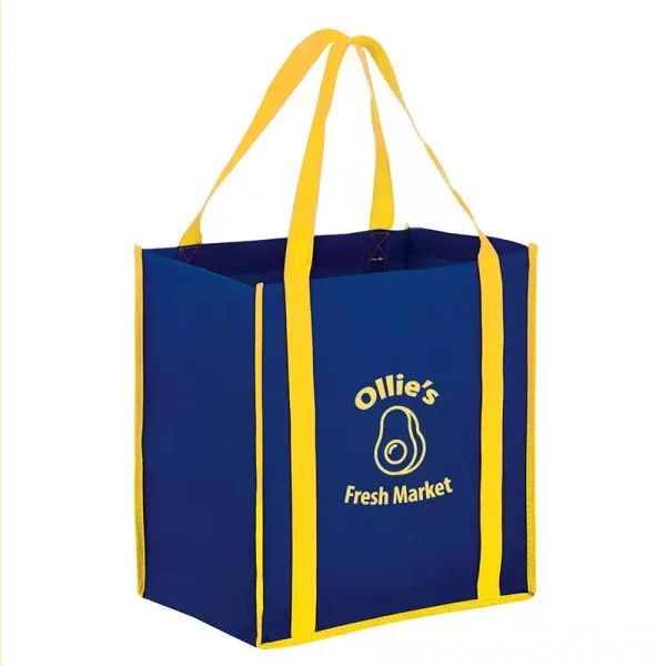 2-Tone Grocery Bag with Custom Logo Imprint - Navy Bag / Yellow Handles