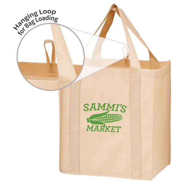 All-In-One Grocery Bag with interior bottle compartment holders, pockets and a hanging loop - Tan