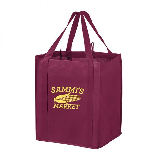 All-In-One Grocery Bag with interior bottle compartment holders, pockets and a hanging loop - Burgundy