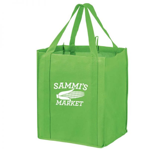 All-In-One Grocery Bag with interior bottle compartment holders, pockets and a hanging loop - Lime