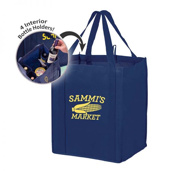 All-In-One Grocery Bag with interior bottle compartment holders, pockets and a hanging loop - Navy