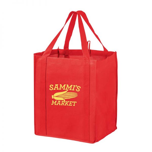 All-In-One Grocery Bag with interior bottle compartment holders, pockets and a hanging loop - Red