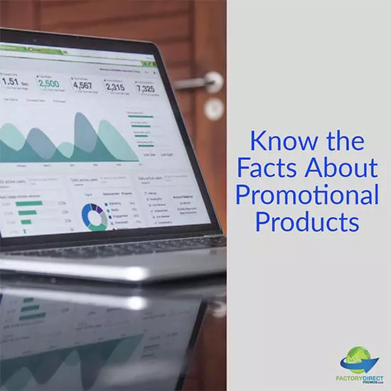 A laptop with analytical dashboard and caption: Know the facts about promotional products