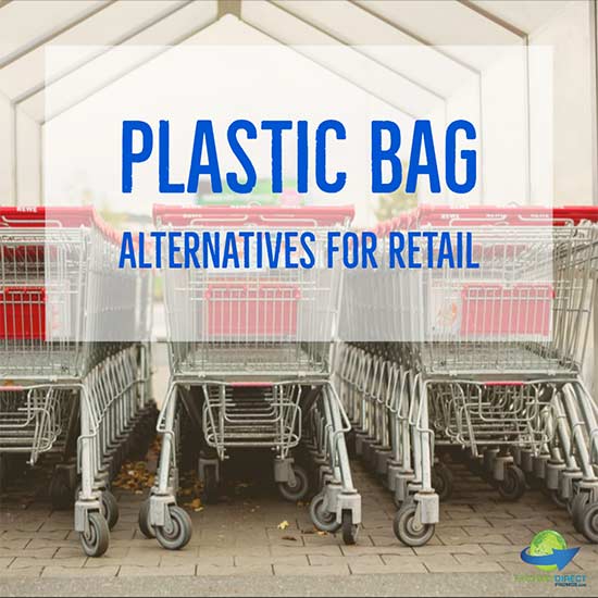 Rows of shopping carts with caption: Plastic Bag Alternatives for Retail