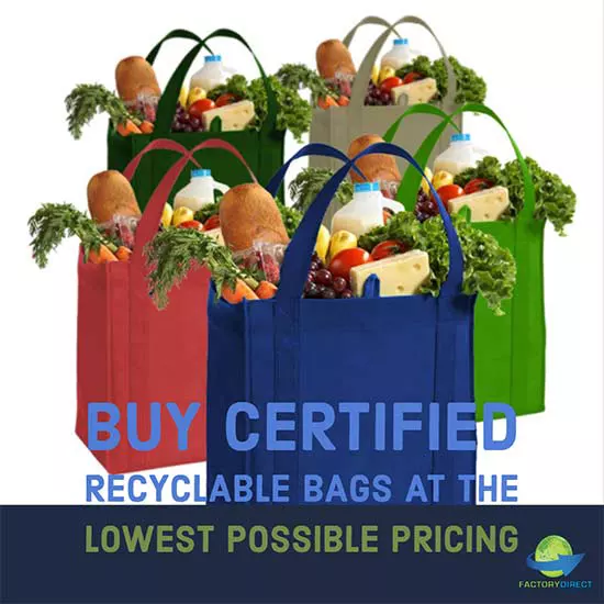 Stop reusable grocery bags with caption: Buy Certified Recyclable Bags at the Lowest Possible Pricing