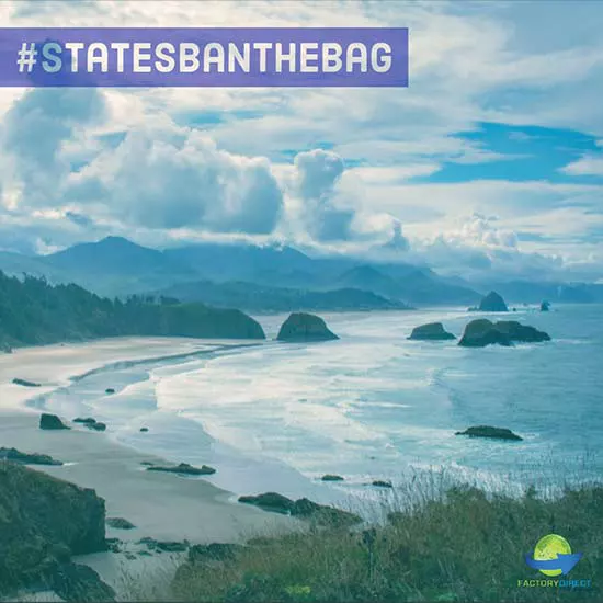 Cloudy mountainous coastline with caption about Plastic Bag Bans in the USA