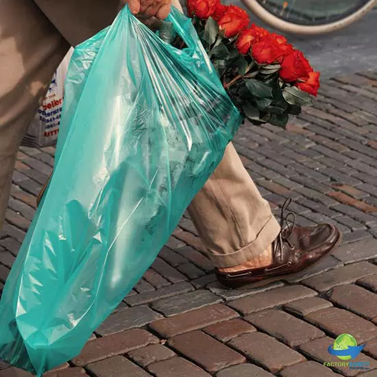 Man carrying red roses in a plastic bag while walking on cobblestone