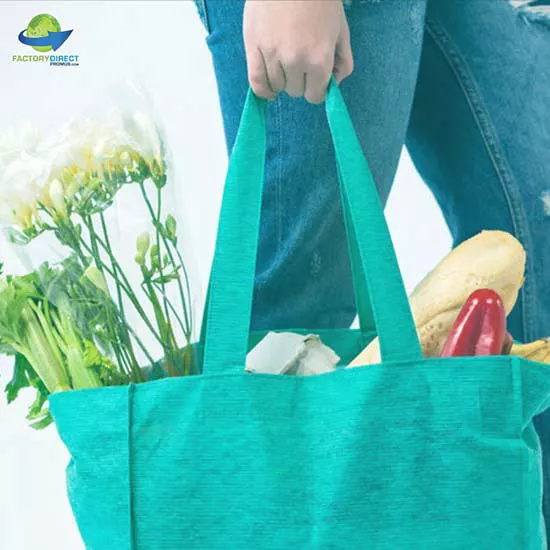 Person carrying groceries and fresh flowers in a teal reusable bag
