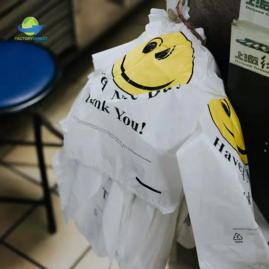 Yellow smiley face on a single-use plastic bag used in retail