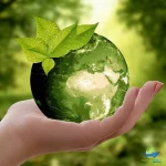 Hand holding a glass earth globe surrounded in greenery