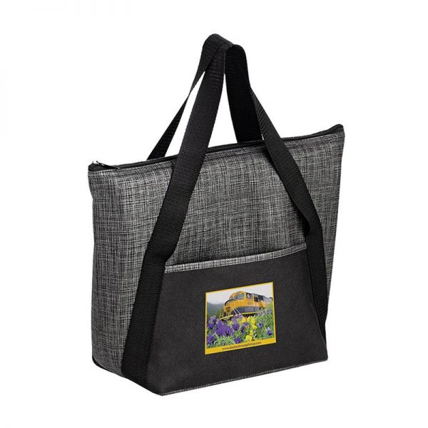 Gray/Black insulated tote bag with custom printed full color art in bulk