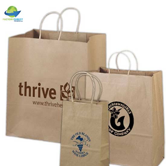3 custom logo printed craft paper grocery shopping bags with carry loop handles
