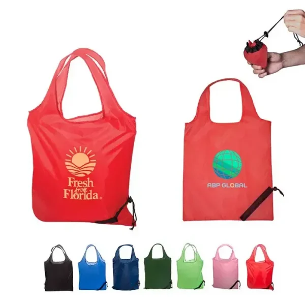 An assortment of custom foldable shopping bags that collapse into a berry shaped package.