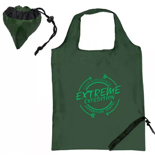 Custom printed foldable shopping bag - Hunter Green - Collapses into a berry shaped package.