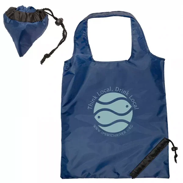 Navy Blue custom printed foldable shopping bag that collapse into a berry shaped package.