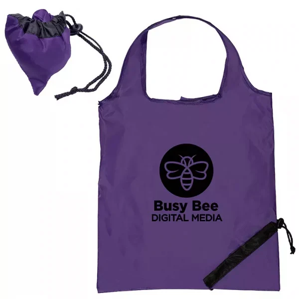 A custom printed purple foldable shopping bag that collapse into a berry shaped package.