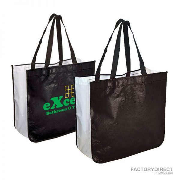 Large black custom shopping bag made from recycled post consumer materials.