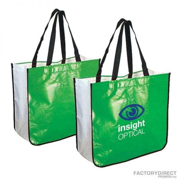 Large lime green custom shopping bag made from recycled post consumer materials.