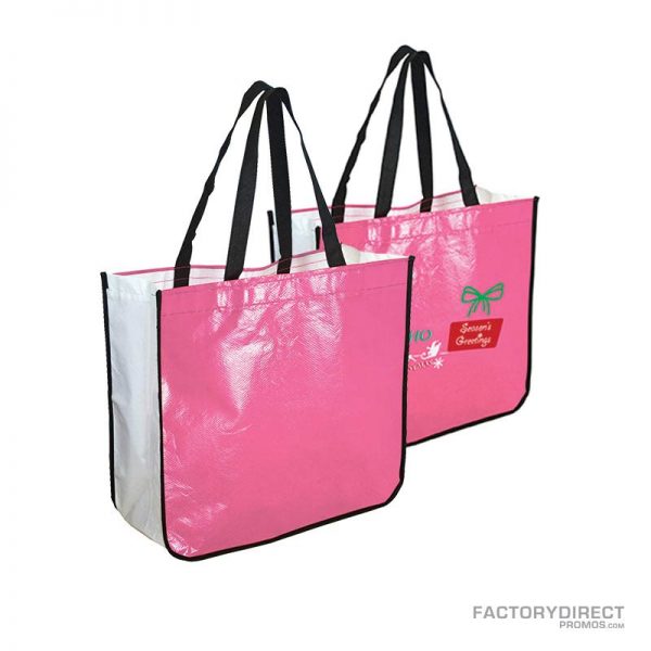 Large pink custom shopping bag made from recycled post consumer materials.