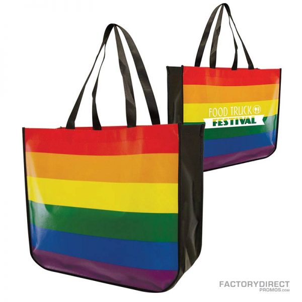 Large rainbow colored custom shopping bag made from recycled post consumer materials.