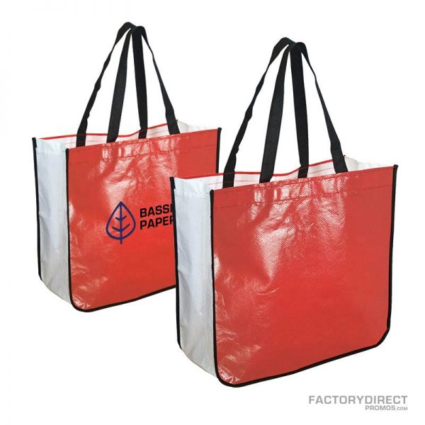 Large red custom shopping bag made from recycled post consumer materials.