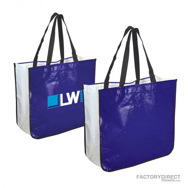 Large royal blue custom shopping bag made from recycled post consumer materials.
