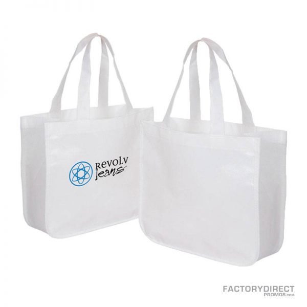 Large white custom shopping bag made from recycled post consumer materials.