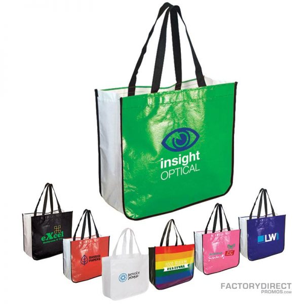 Large assortment of laminated custom shopping bag made from recycled post consumer materials.