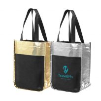 Metallic Mini Tote Bags with multi-functional sleeves for wine bottles and more.