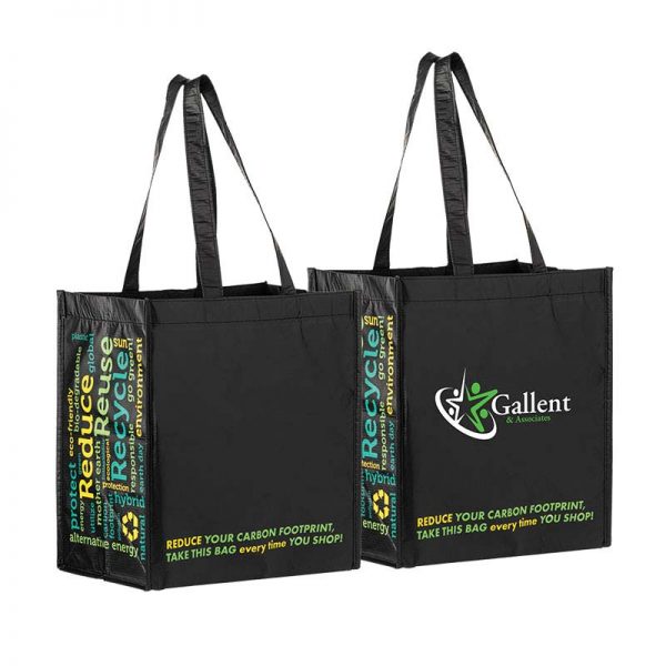 Custom grocery bags made from recycle materials with Reduce, Reuse, Recycle Messaging