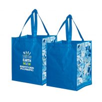 Custom grocery bags made from recycle materials with an inspiring environmental art theme of used water bottles.