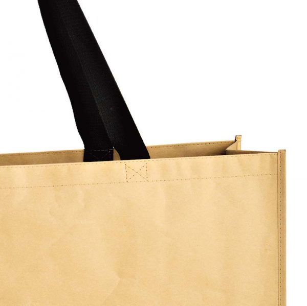 Detail view of natural kraft paper reusable trade show bag