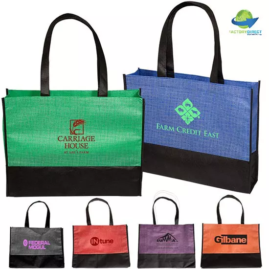6 pre-printed fabric design on stock polypropylene reusable bags with custom logo imprinted