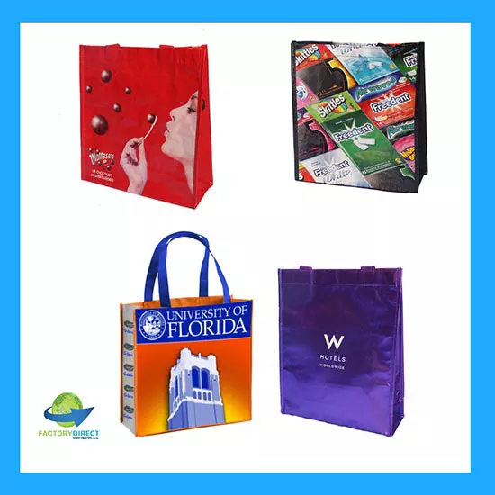 Four custom designed branded reusable bags for promotional marketing