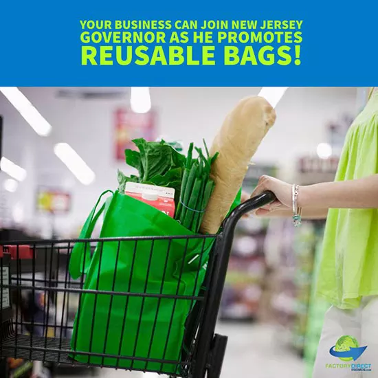 Woman pushing shopping cart with green reusable bag holding fresh groceries