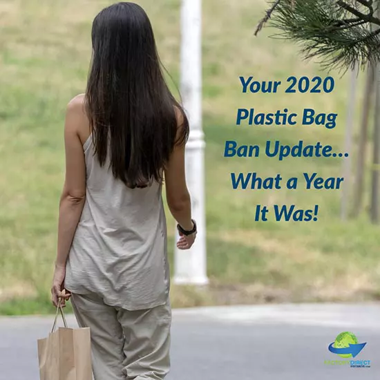Woman with long dark hair walking away carrying a paper bag by the handles with caption: Your 2020 Plastic Bag Ban Update…What a Year It Was!