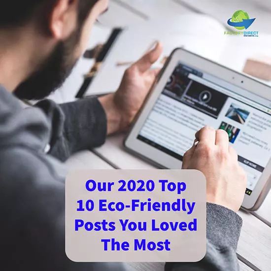 Man on digital tablet with caption overlay: Our 2020 Top 10 Eco-Friendly Posts You Loved The Most