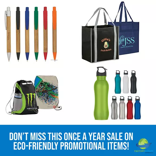 eco-friendly promotional items: custom pens, custom reusable bags, custom backpacks, and custom aluminum water bottles