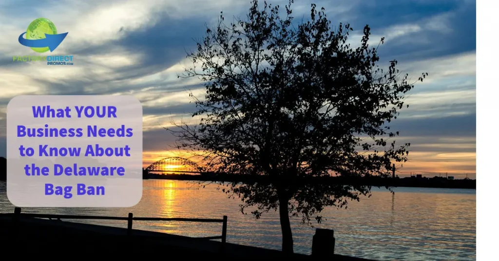 Silhouette of a tree along the waters edge with a sunset showing through a bridge in Delaware with caption overlay