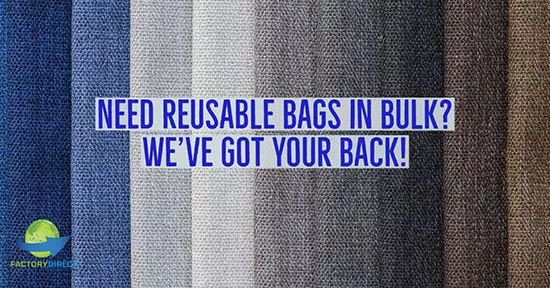 Folded fabric in the background of a marketing message about reusable bags in bulk