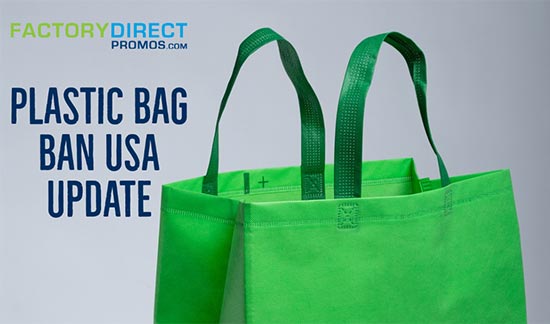 Green reusable bag with carry handles and caption: Plastic Bag Ban USA Update