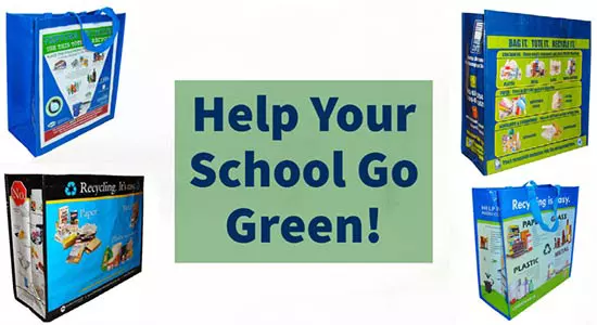 Four reusable bags with caption help your school go green!