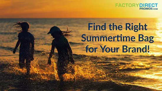 Kids running in ocean or lake water at summer sunset with marketing headline