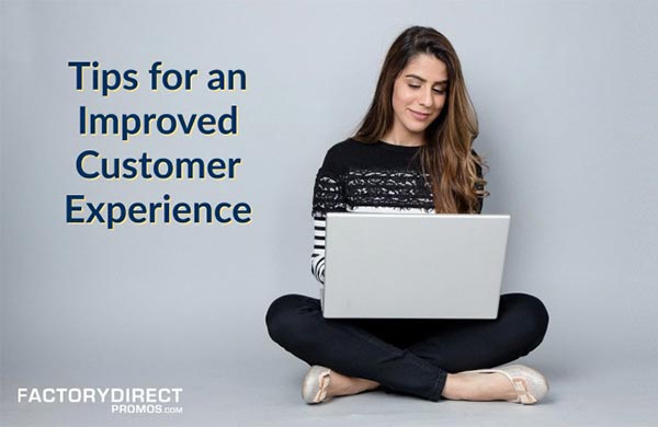 Isolated female customer sitting with legs crossed on Laptop with caption: Tips for an Improve Customer Experience